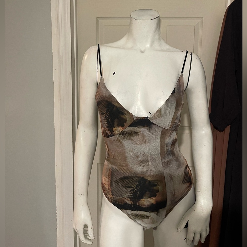 Nude Mesh Abstract Renaissance Print bodysuit - PLT, size 8